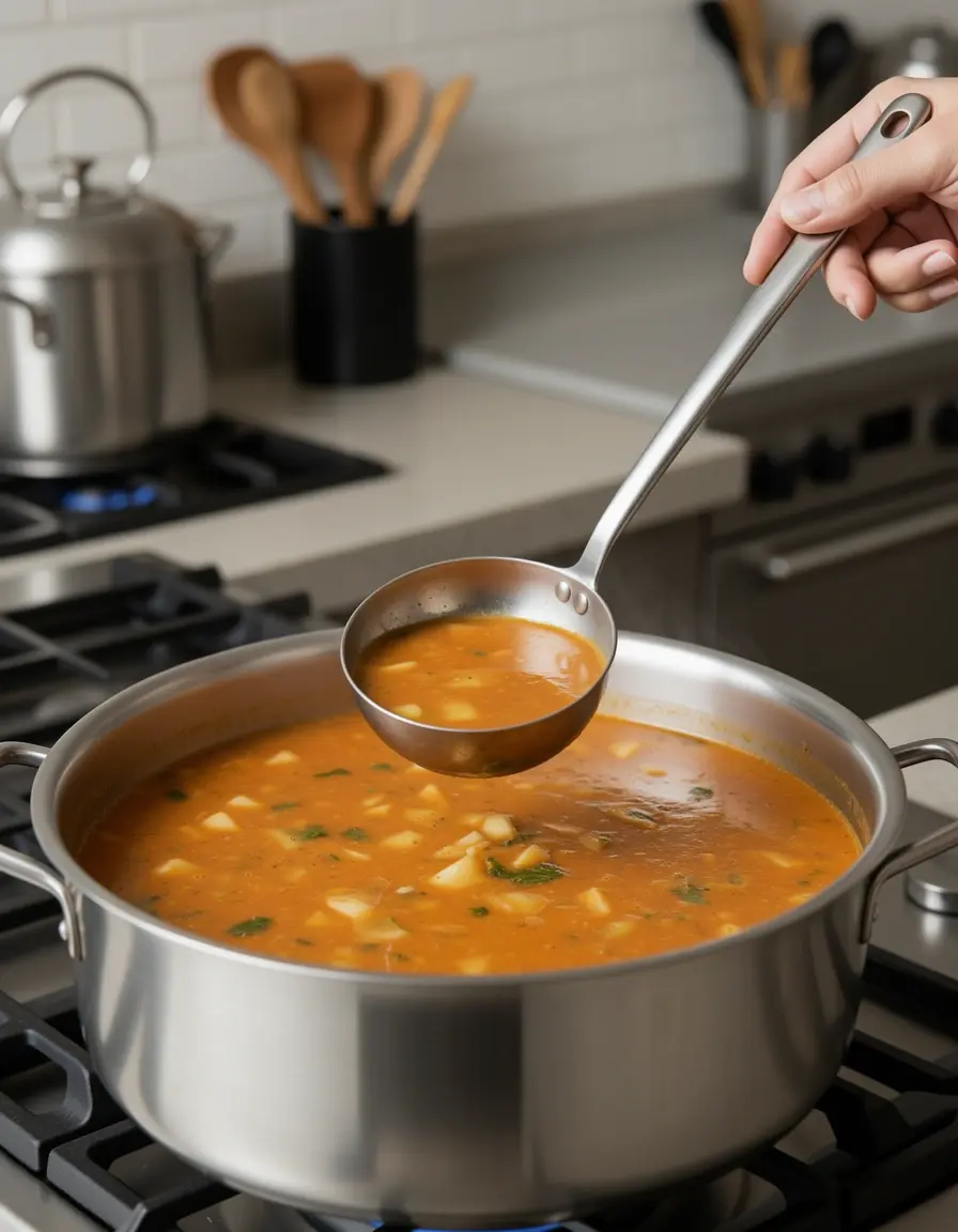 Cucharón de acero inoxidable de 4 oz sirviendo sopa caliente