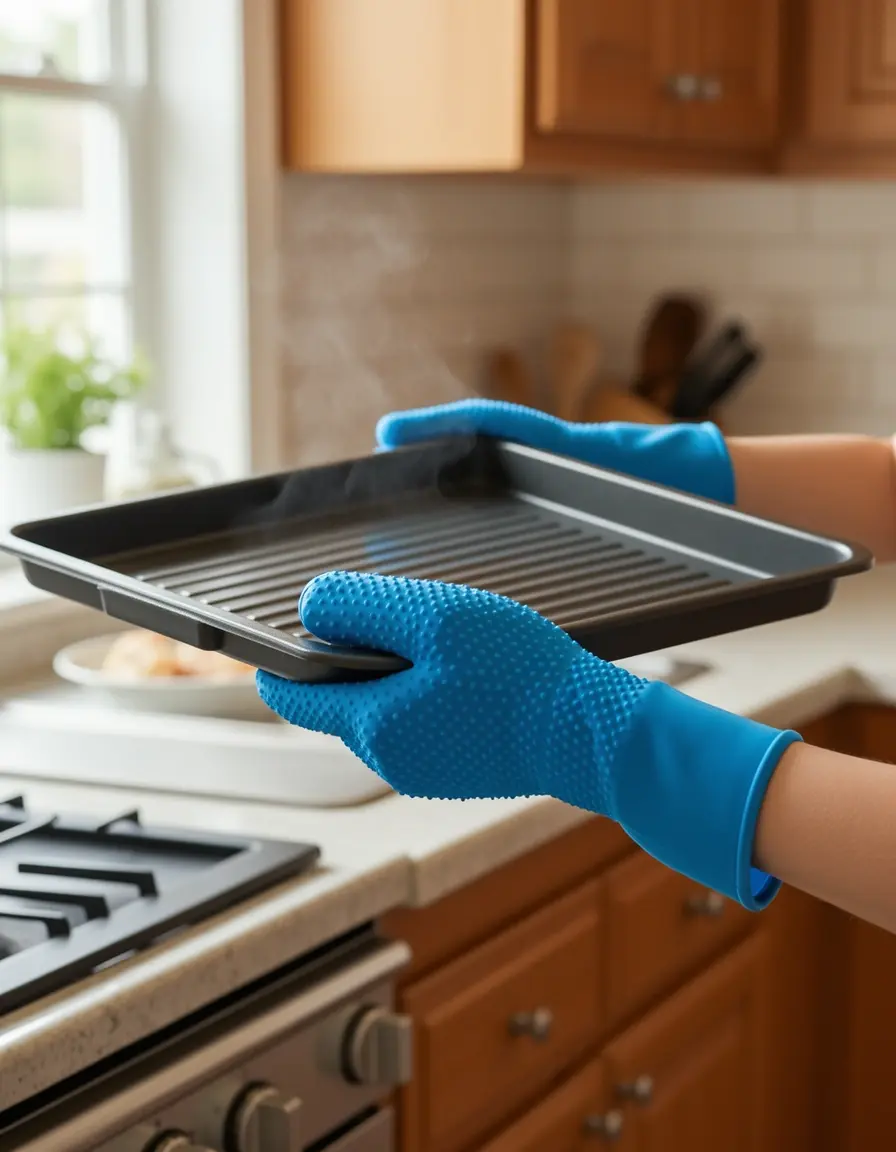 Guantes de cocina de silicona azul protegiendo manos del calor extremo