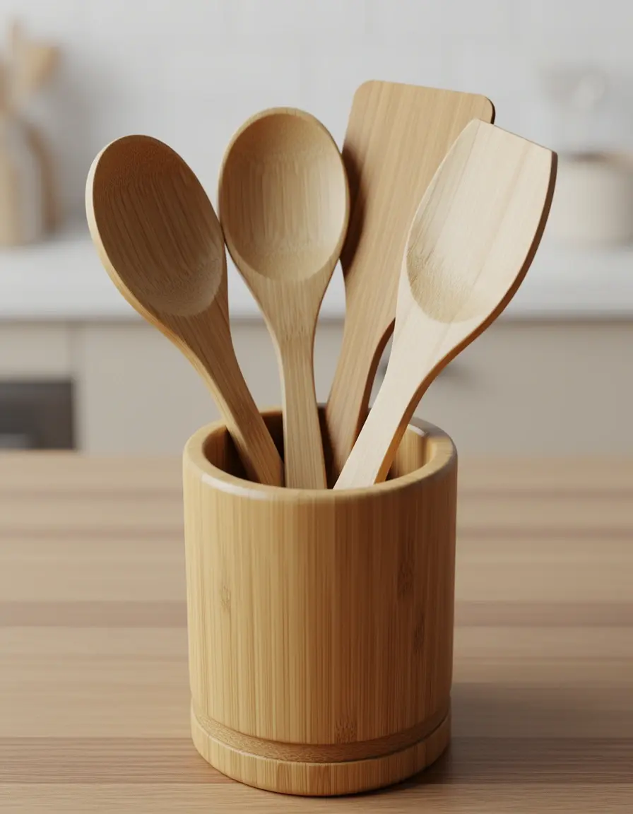 Set de 6 utensilios de bambú orgánico en su soporte