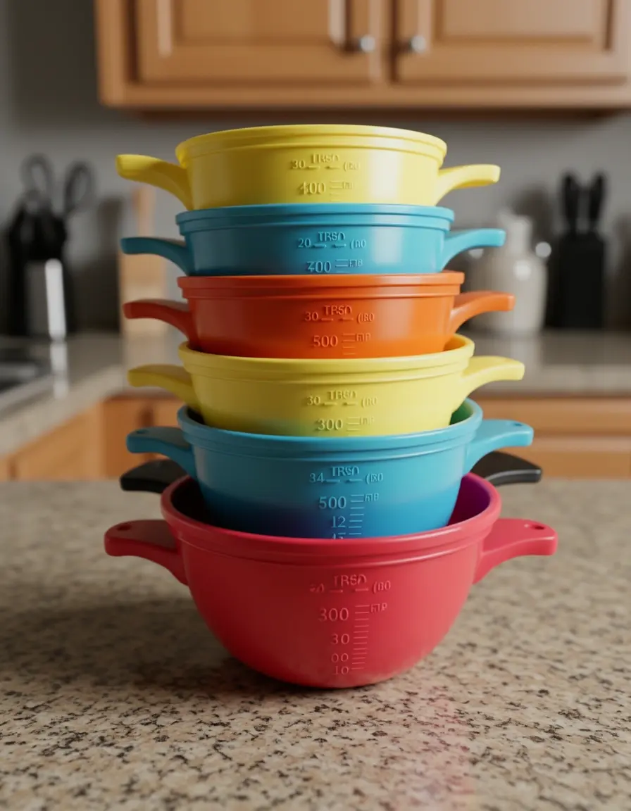Juego de tazas medidoras de plástico de colores apiladas