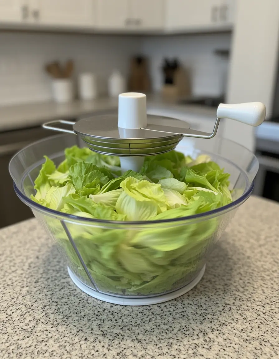 Centrifugadora de ensalada de gran capacidad sobre un mueble bajo cocina