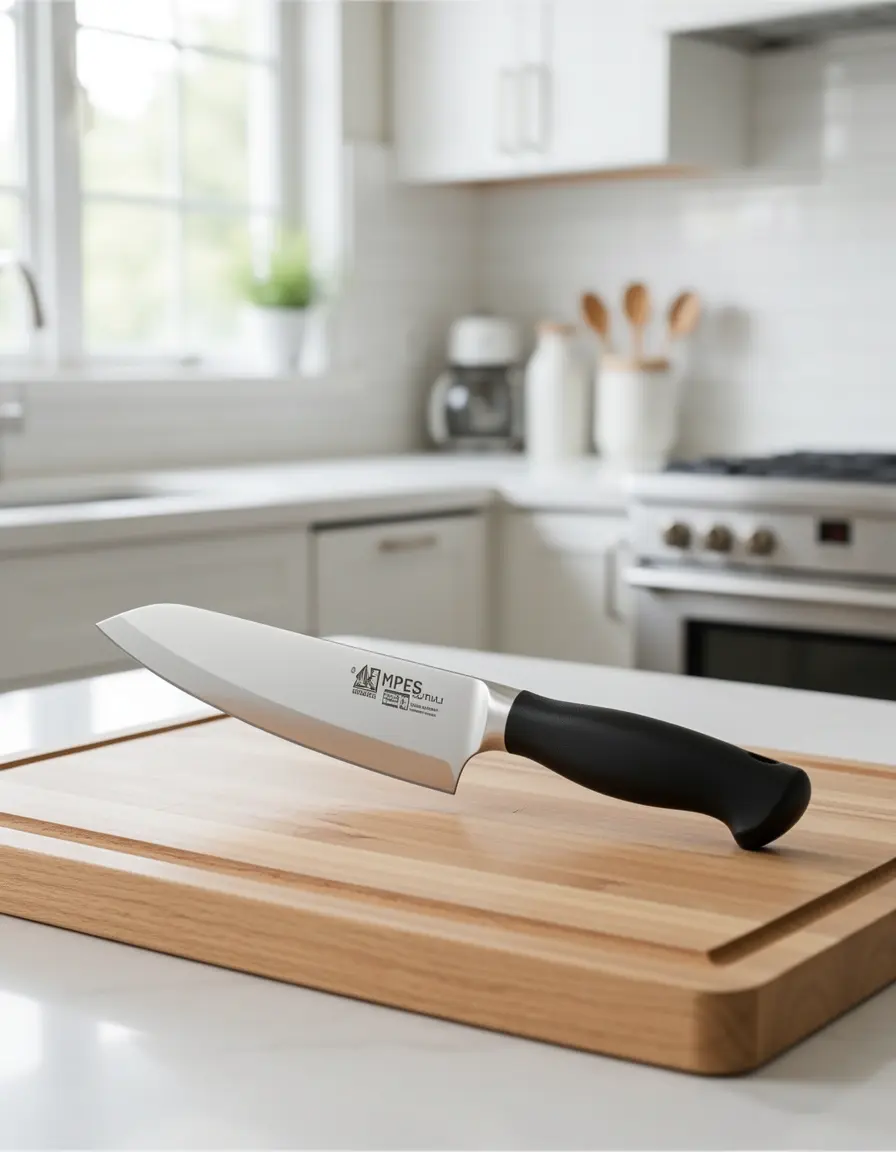 Cuchillo de chef de acero inoxidable de 8 pulgadas sobre tabla de madera