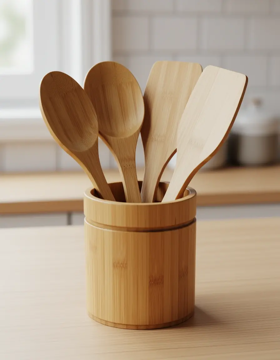 Set de 6 utensilios de cocina de bambú en su soporte