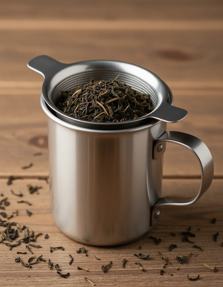 Infusor de té de acero inoxidable en una taza