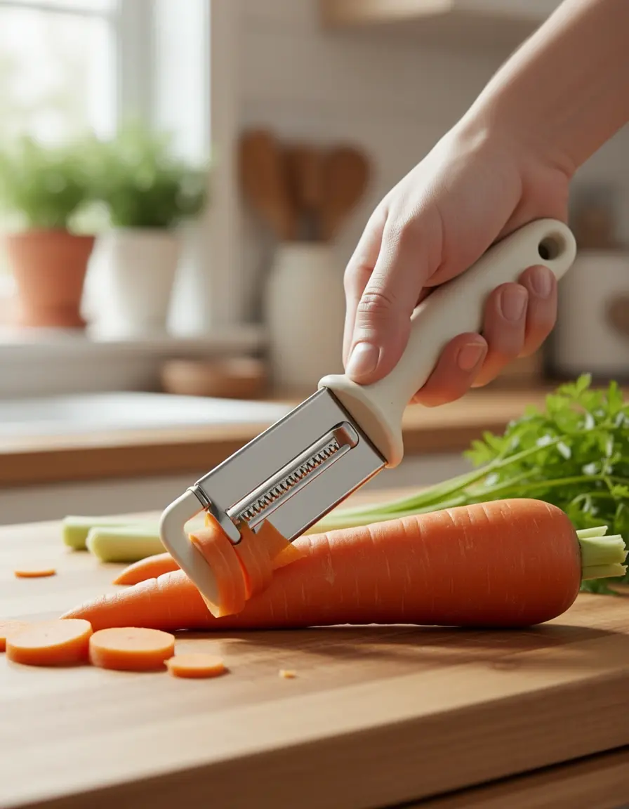 Pelador de verduras de cerámica pelando una zanahoria