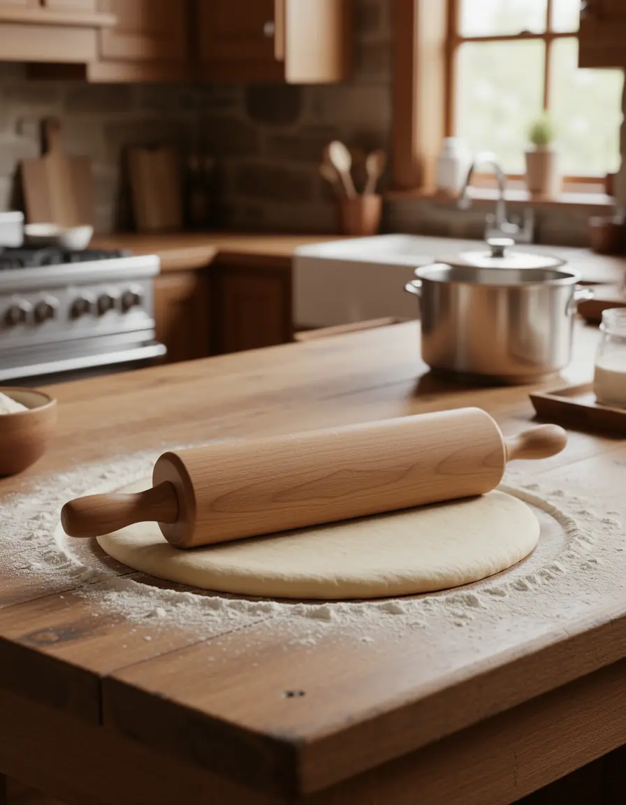 Rodillo de madera de 18 pulgadas extendiendo masa en cocina rústica