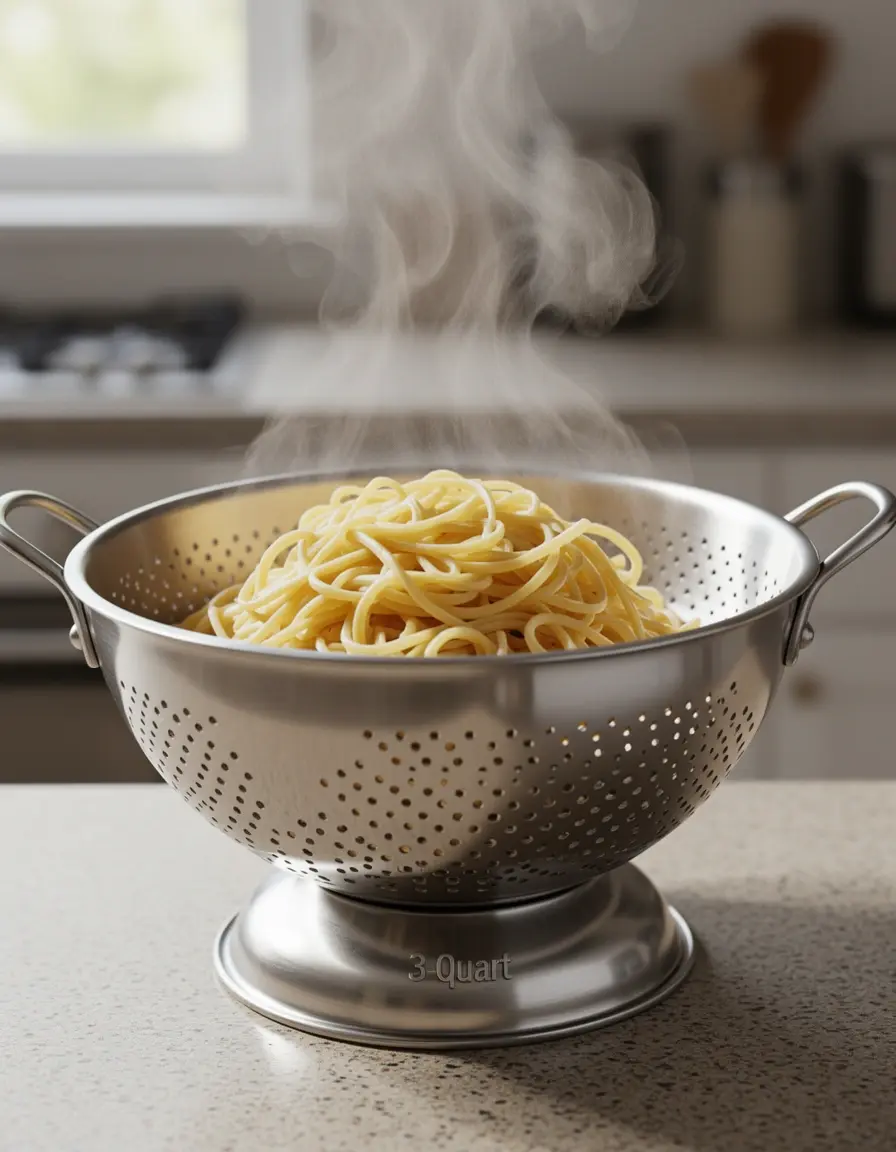 Colador de acero inoxidable de 3 cuartos drenando pasta con vapor