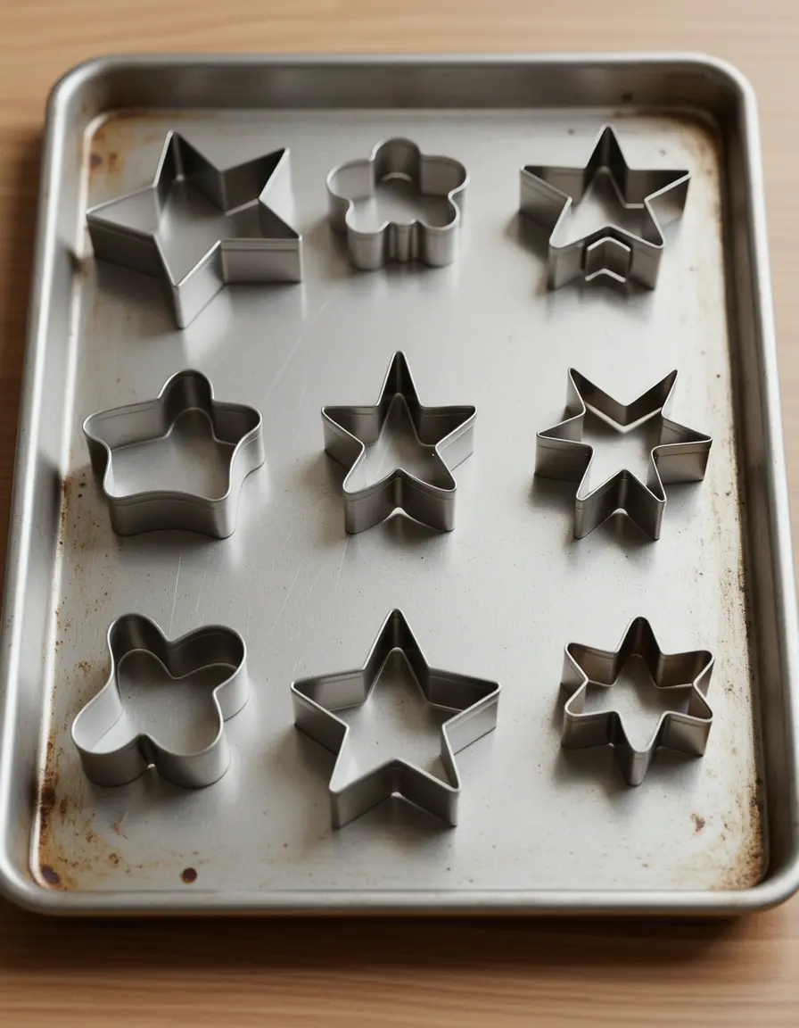 Set de 10 moldes para galletas de metal en una bandeja
