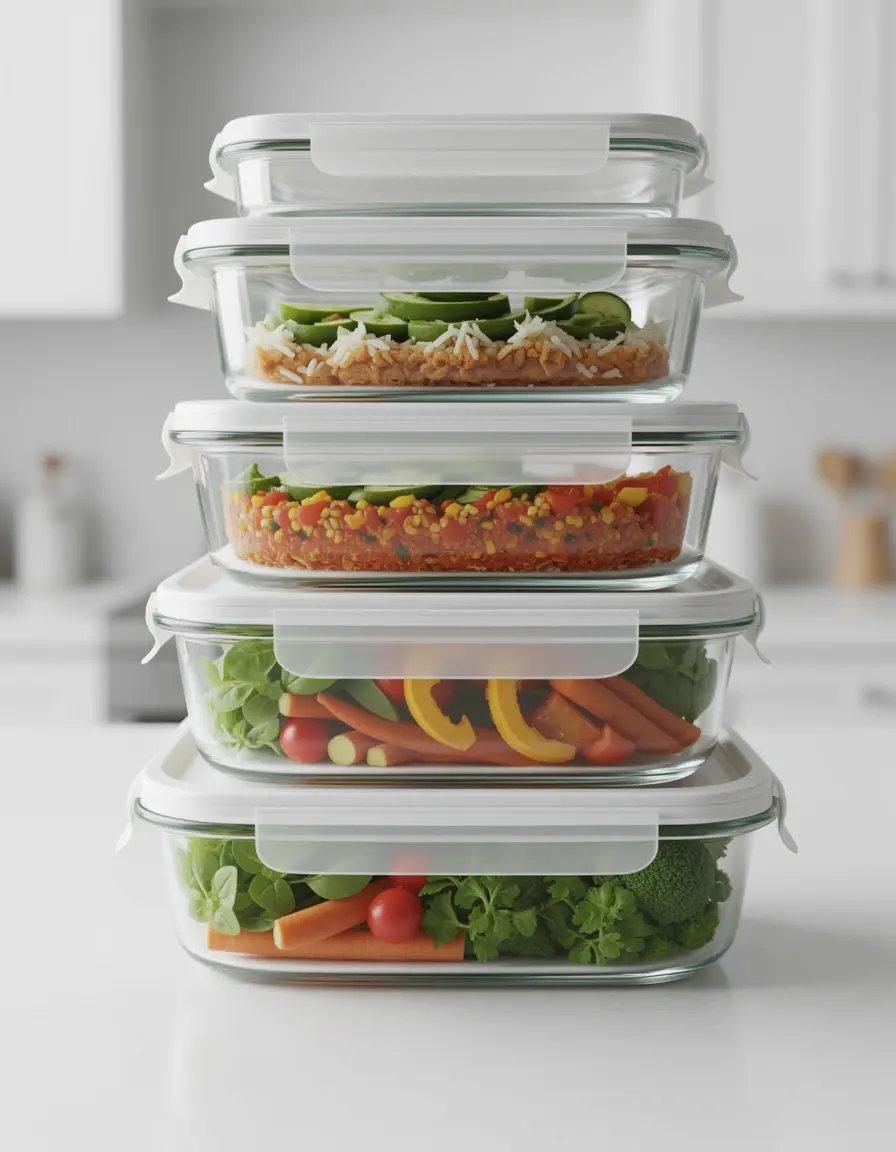 Set de 5 recipientes de vidrio para comida con tapas apilados