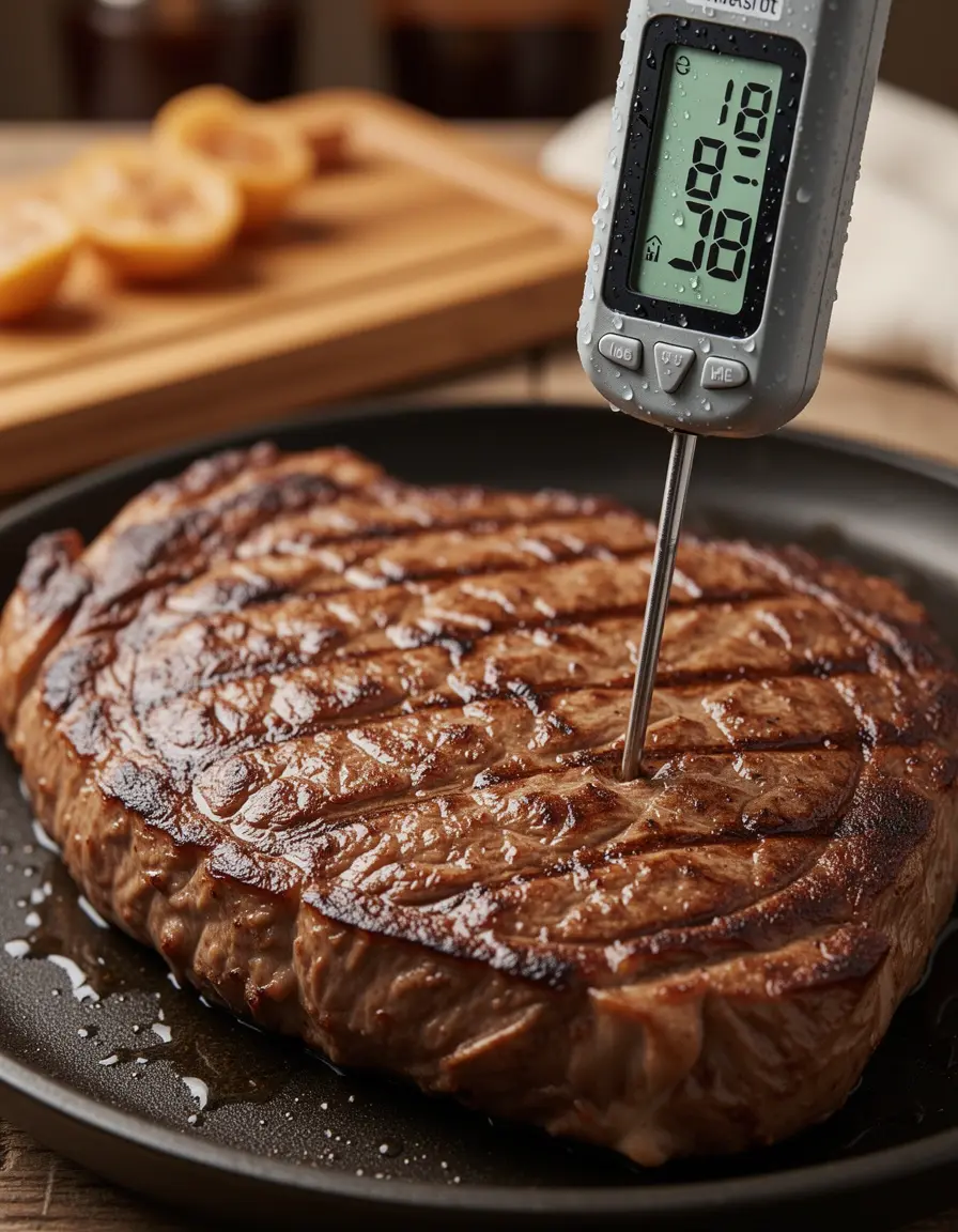 Termómetro digital de carne insertado en un filete jugoso