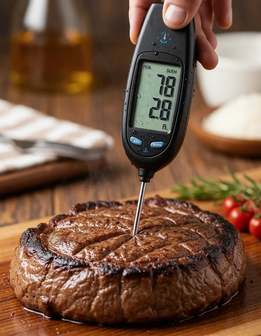 Termómetro digital para carne insertado en un filete jugoso en una cocina blanca