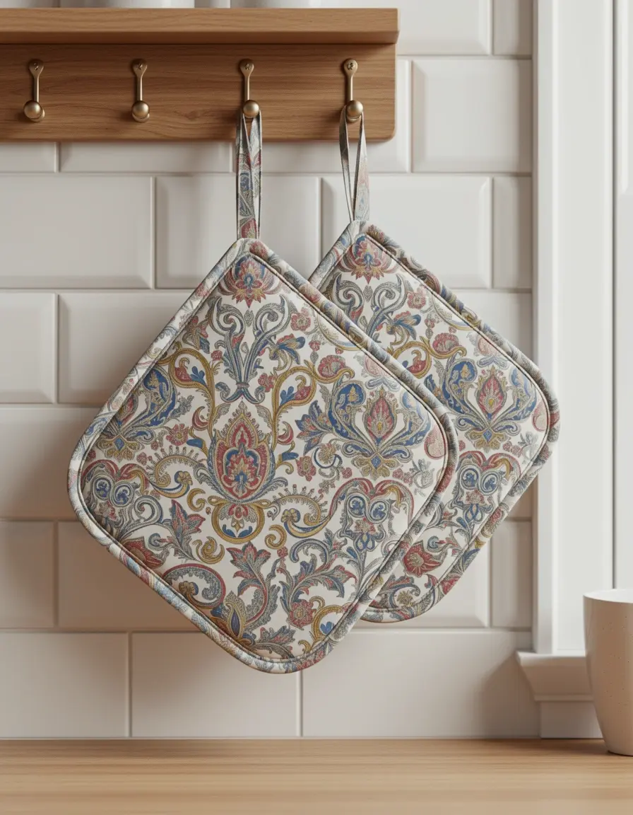 Set de 2 agarradores de algodón con patrón decorativo en cocina blanca