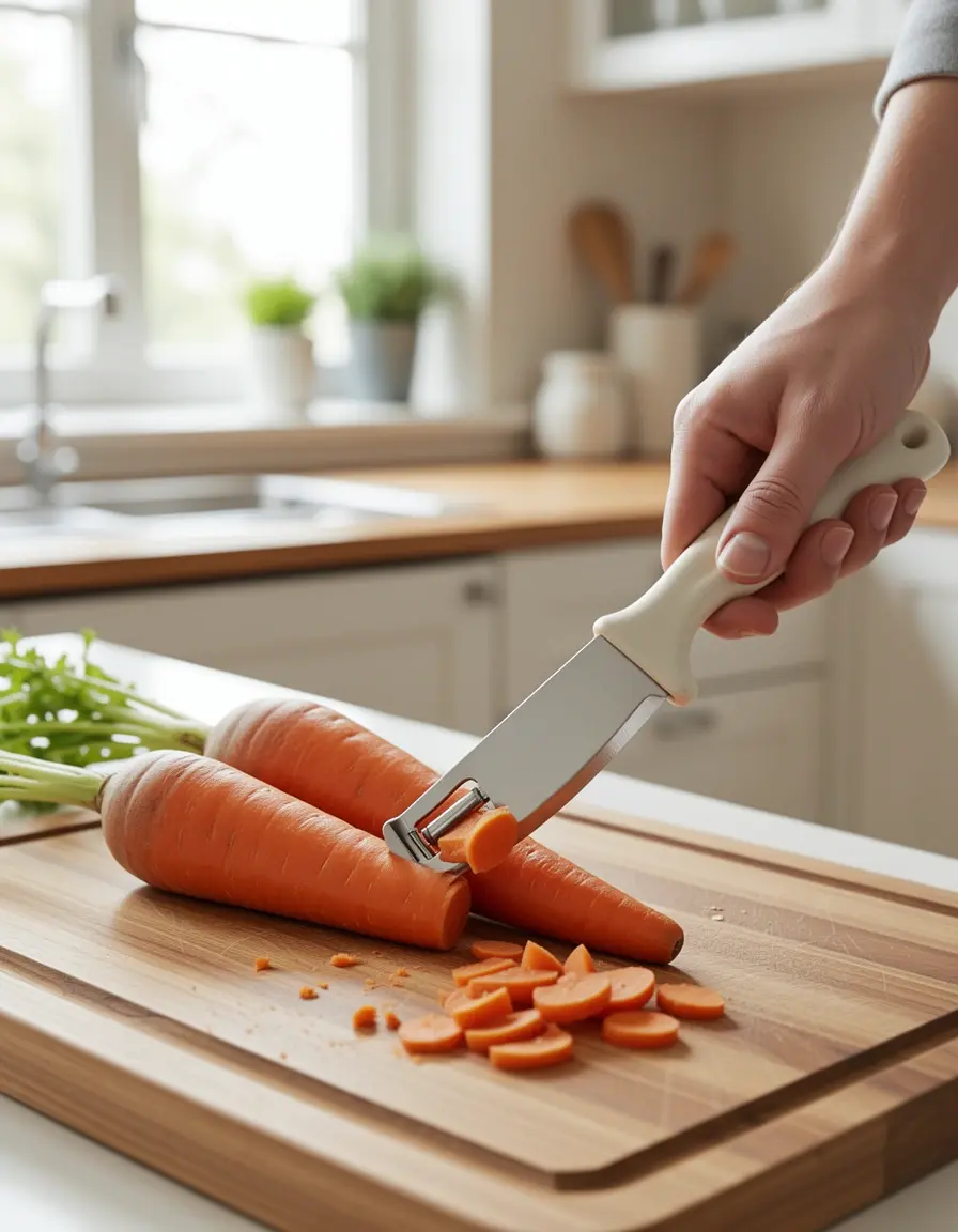 Pelador de verduras cerámico con mango ergonómico pelando una zanahoria
