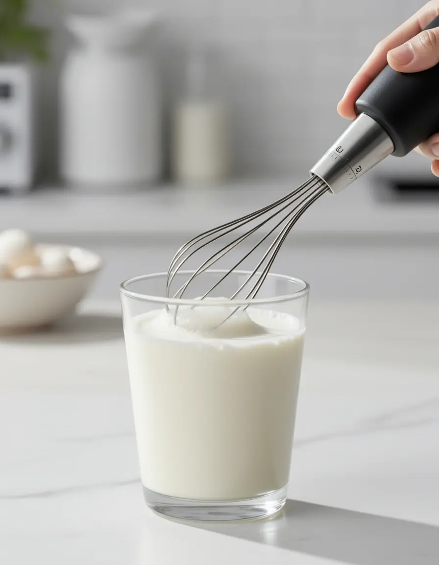 Espumador de leche de mano batiendo leche en un vaso de cristal