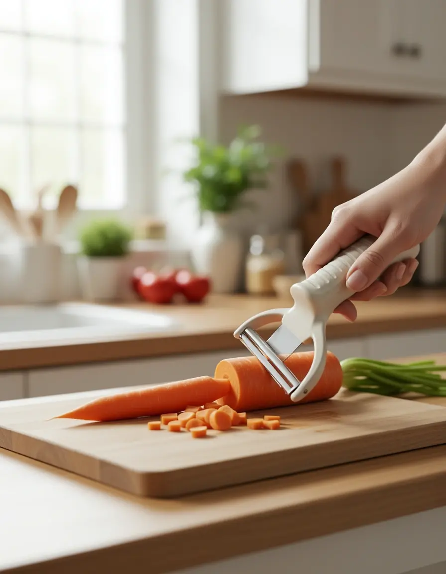 Pelador de cerámica para verduras afilado pelando una zanahoria
