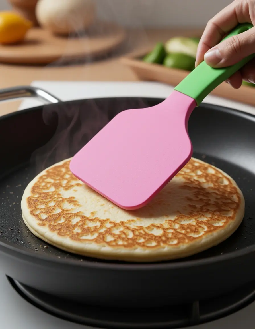 Espátula de silicona para tortitas girando un pancake en la sartén