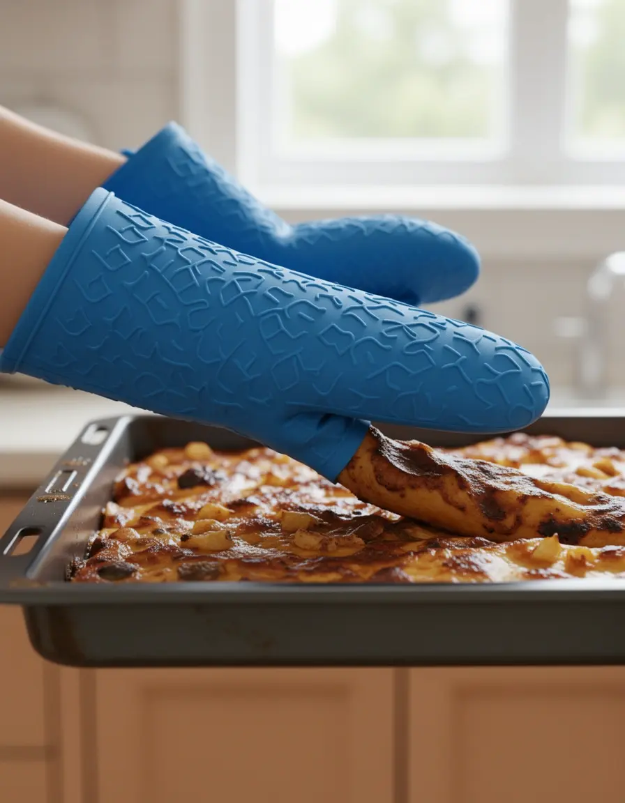 Guantes de horno de silicona azules sujetando bandeja caliente