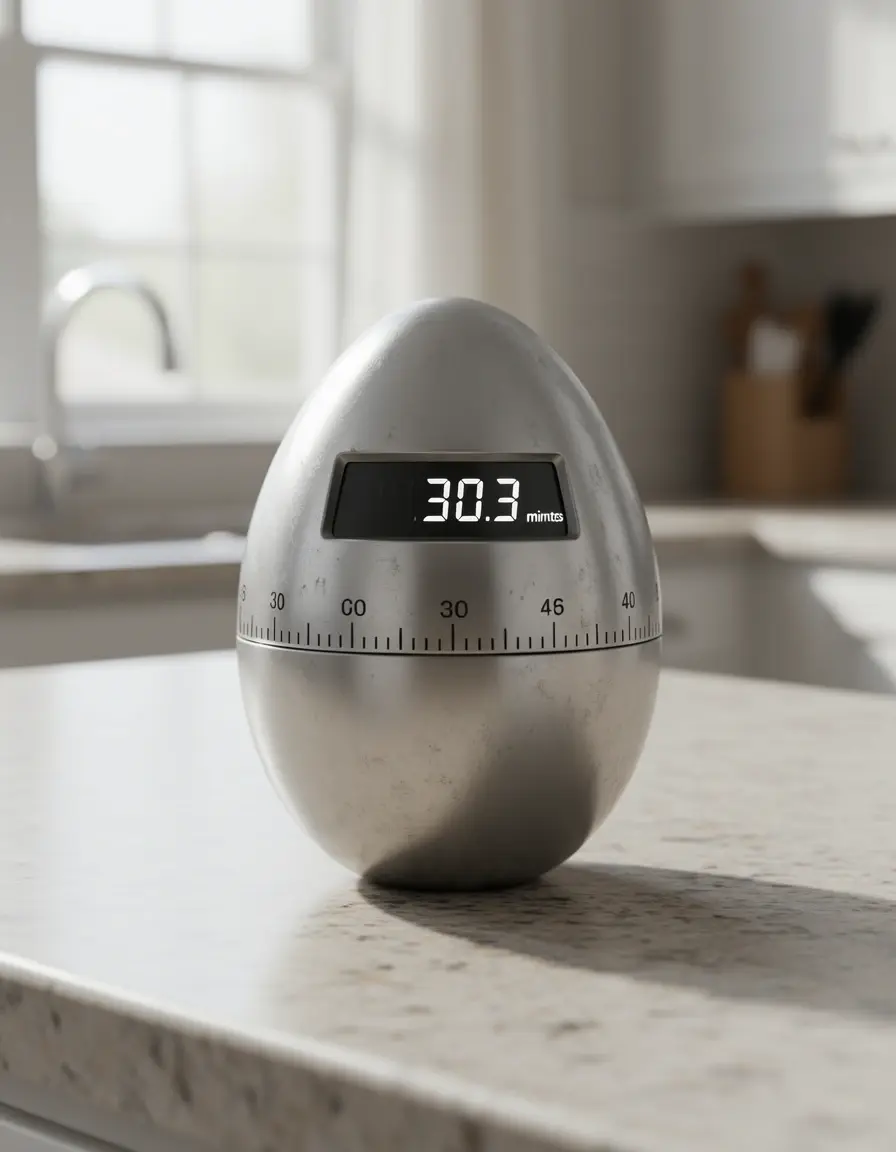 Temporizador de cocina mecánico con forma de huevo en encimera