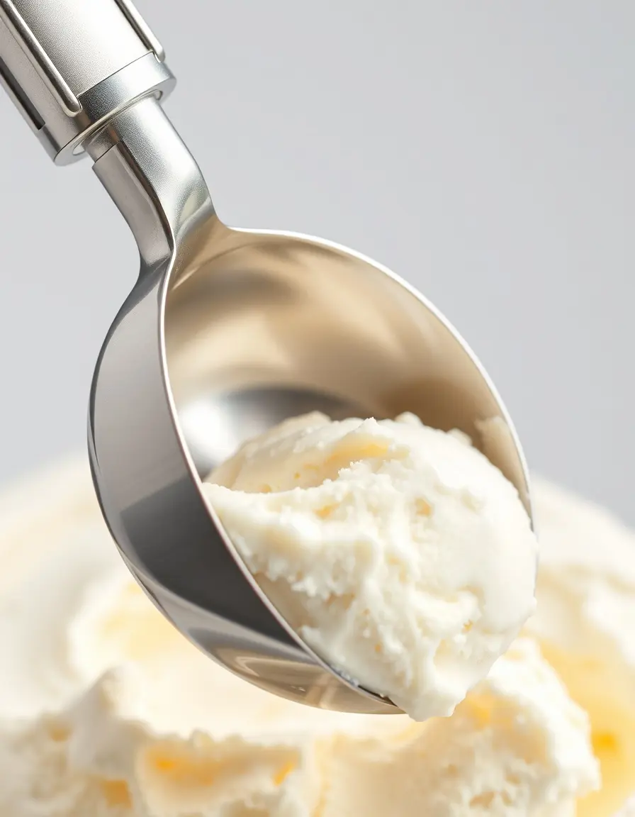 Cuchara para helado de acero inoxidable sacando helado de vainilla
