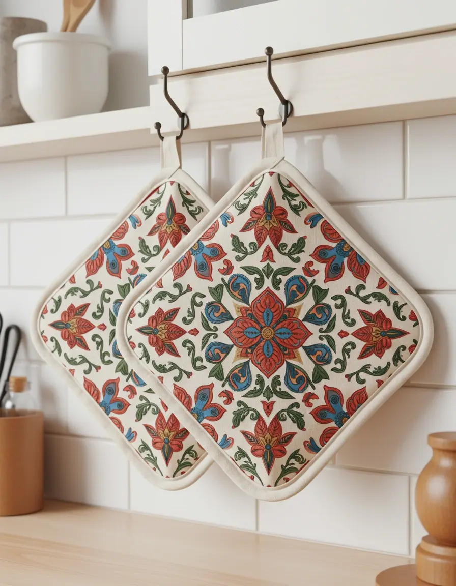 Set de agarradores de algodón con patrón decorativo colgados en la pared