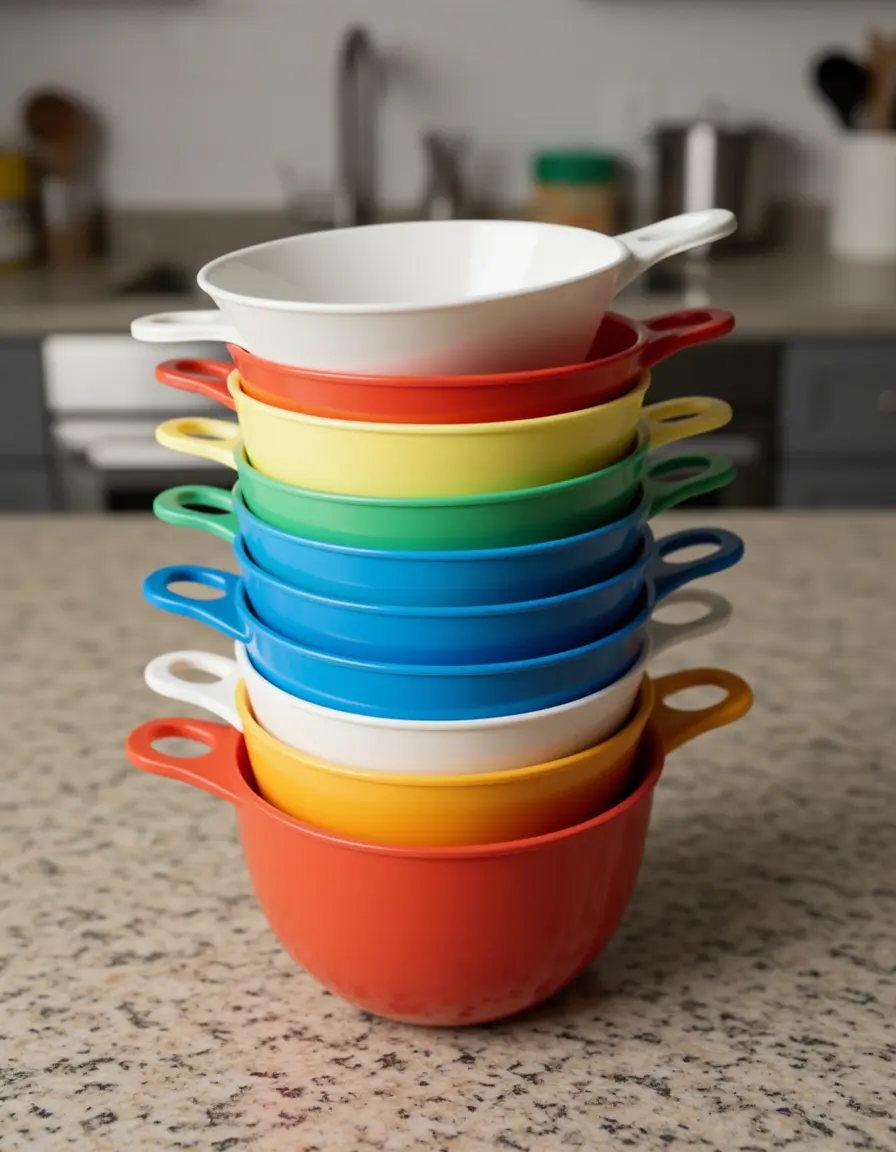 Set de 5 tazas medidoras de plástico coloridas apiladas en la cocina