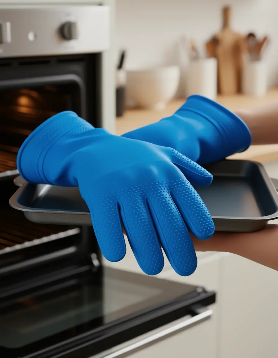 Manoplas de silicona azules sujetando una bandeja de horno caliente