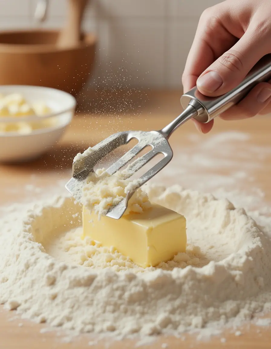 Mezclador de masa cortando mantequilla en harina con cuchillas de acero