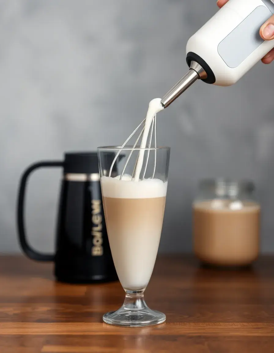 Espumador de leche de mano creando espuma en un vaso de cristal