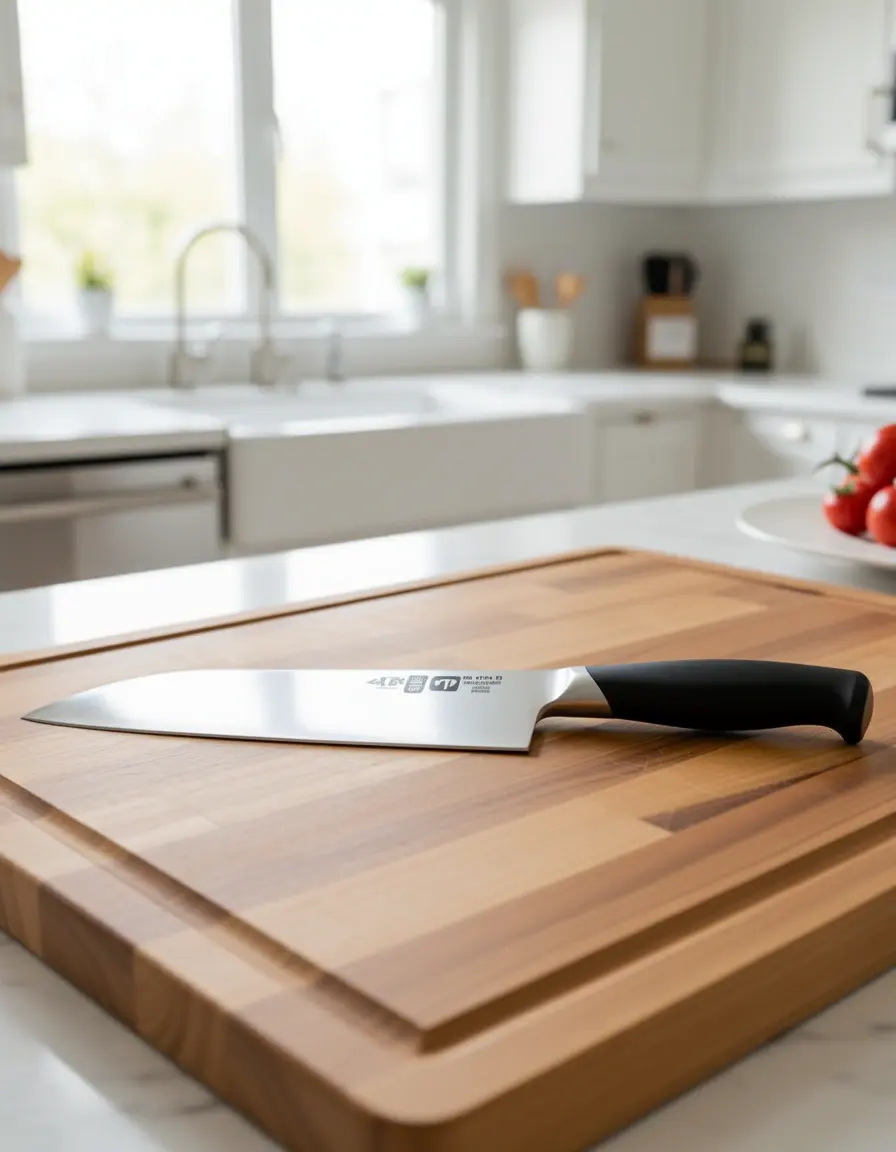 Cuchillo de chef de acero inoxidable de 8 pulgadas sobre tabla de madera con papel pintado de fondo