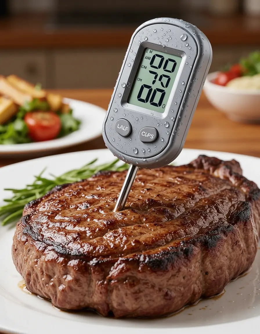 Termómetro digital para carne insertado en un filete perfecto