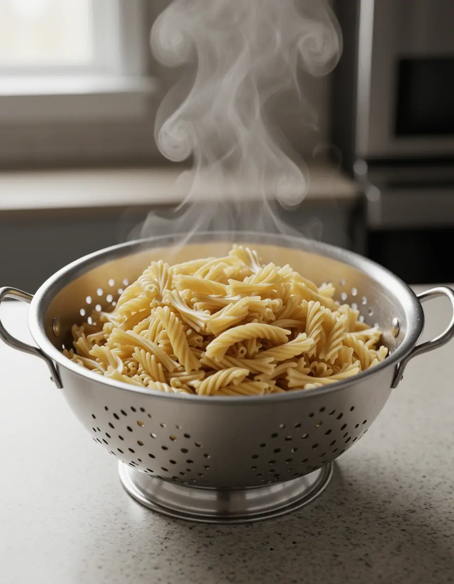 Escurridor de acero inoxidable con pasta humeante