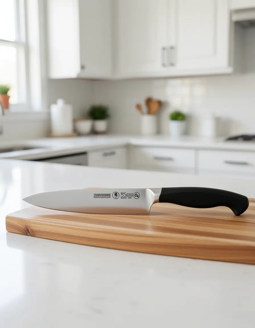 Cuchillo de chef profesional de acero inoxidable sobre tabla de madera