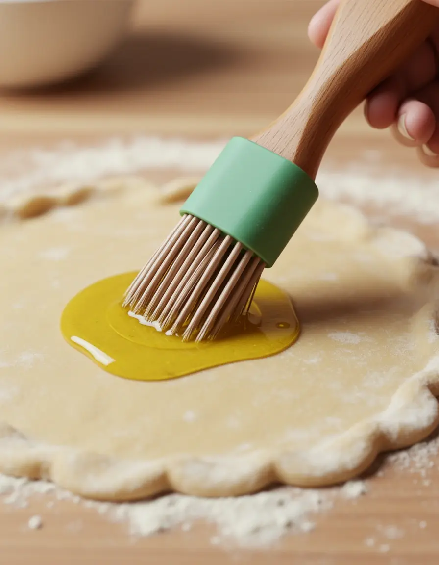 Brocha de silicona con mango de madera aplicando aceite