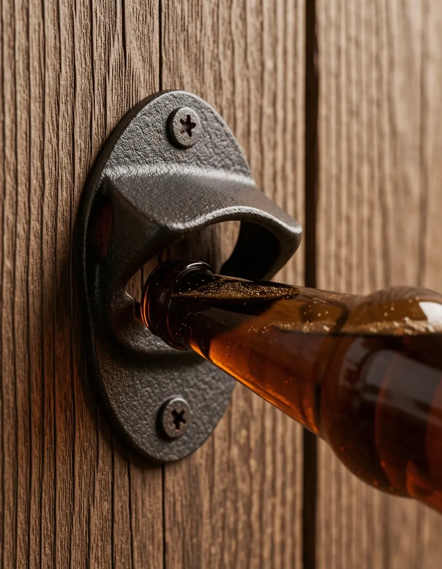 Abridor de botellas de pared de hierro fundido abriendo una cerveza