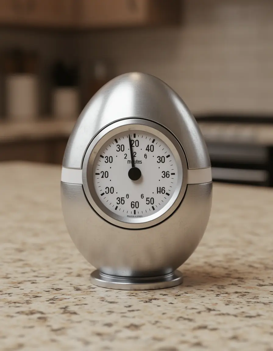Temporizador de cocina mecánico con forma de huevo en una encimera