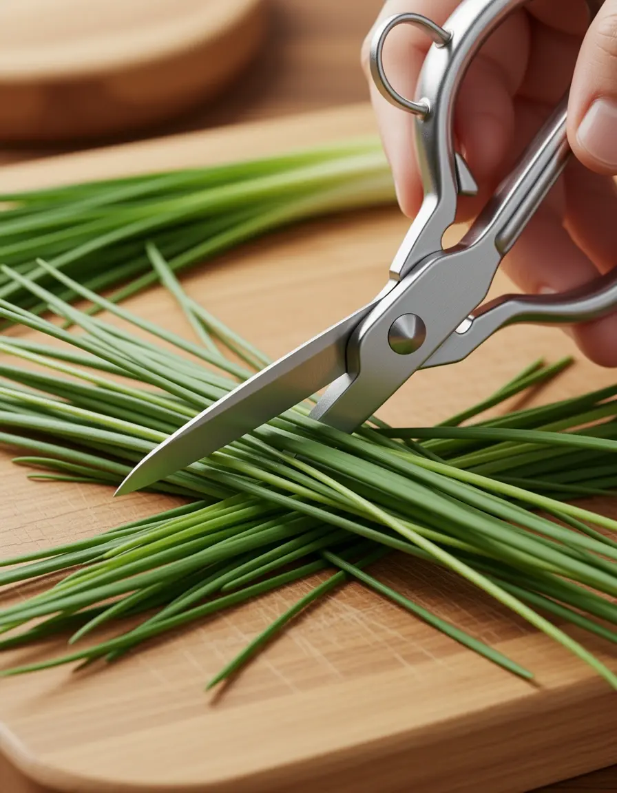 Tijeras para hierbas de 5 hojas cortando cebollino frescas