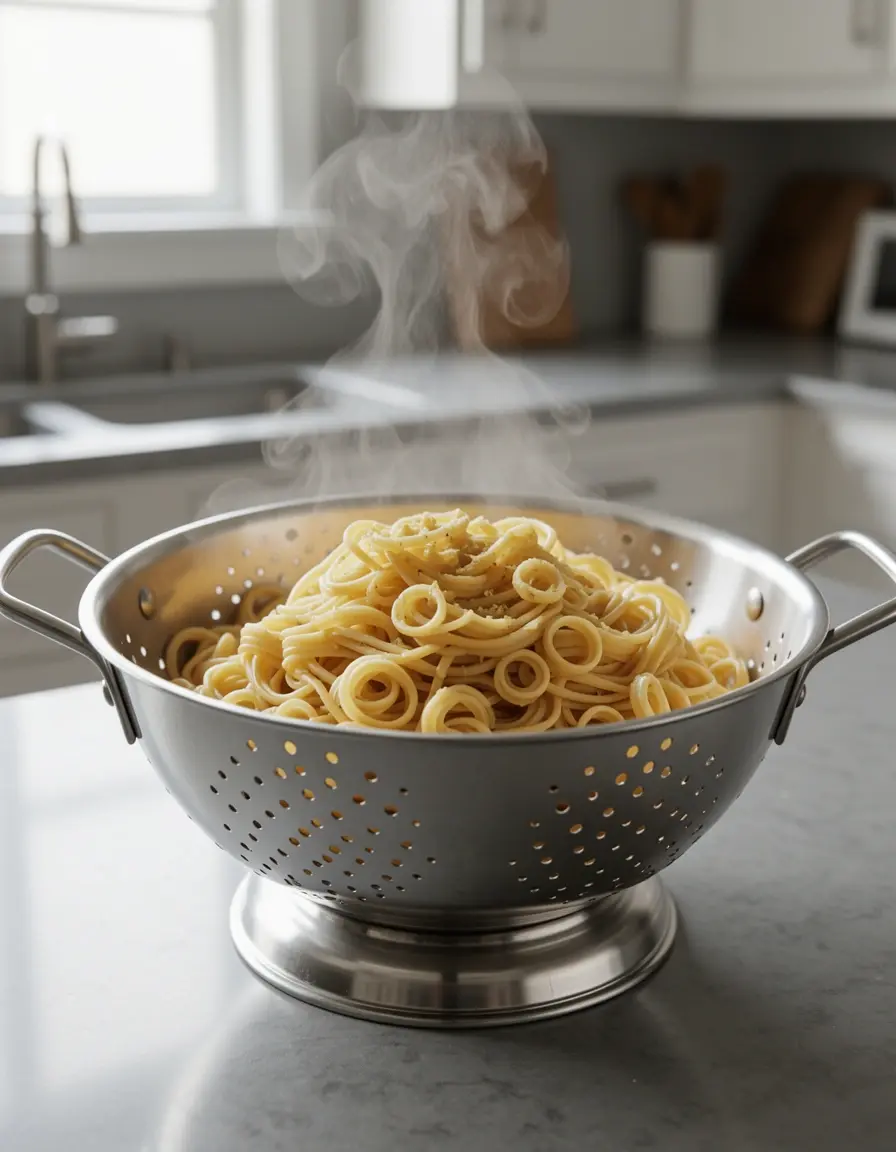 Colador de acero inoxidable de 3 cuartos escurriendo pasta