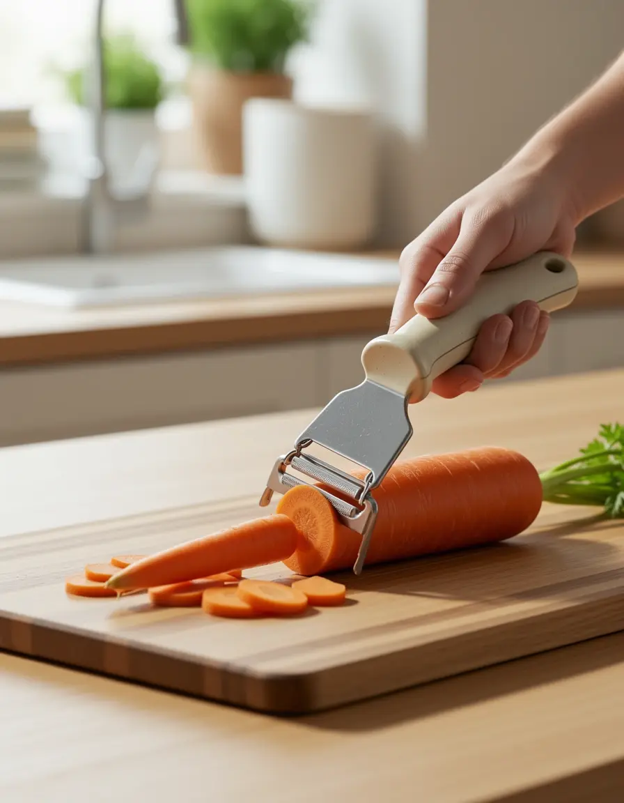 Pelador de verduras cerámico pelando una zanahoria
