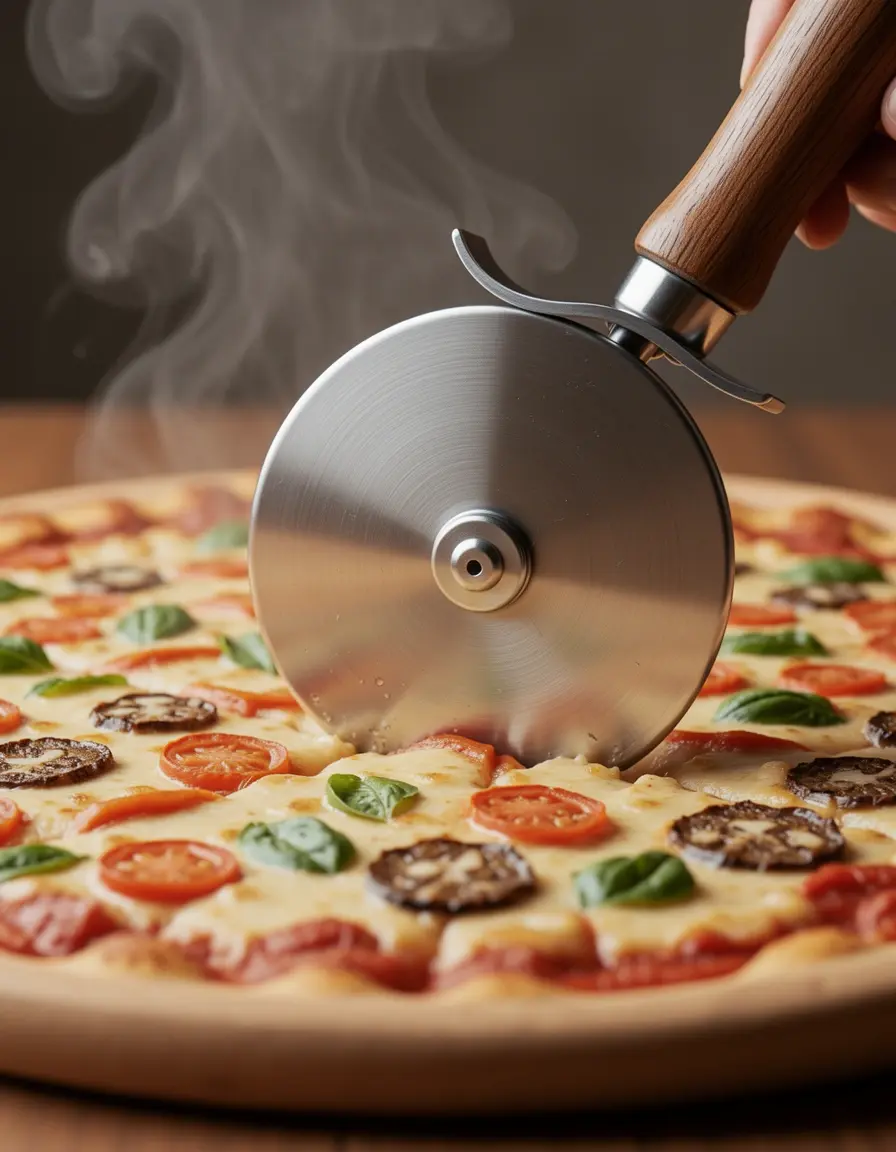 Cortador de pizza de acero inoxidable con mango de madera