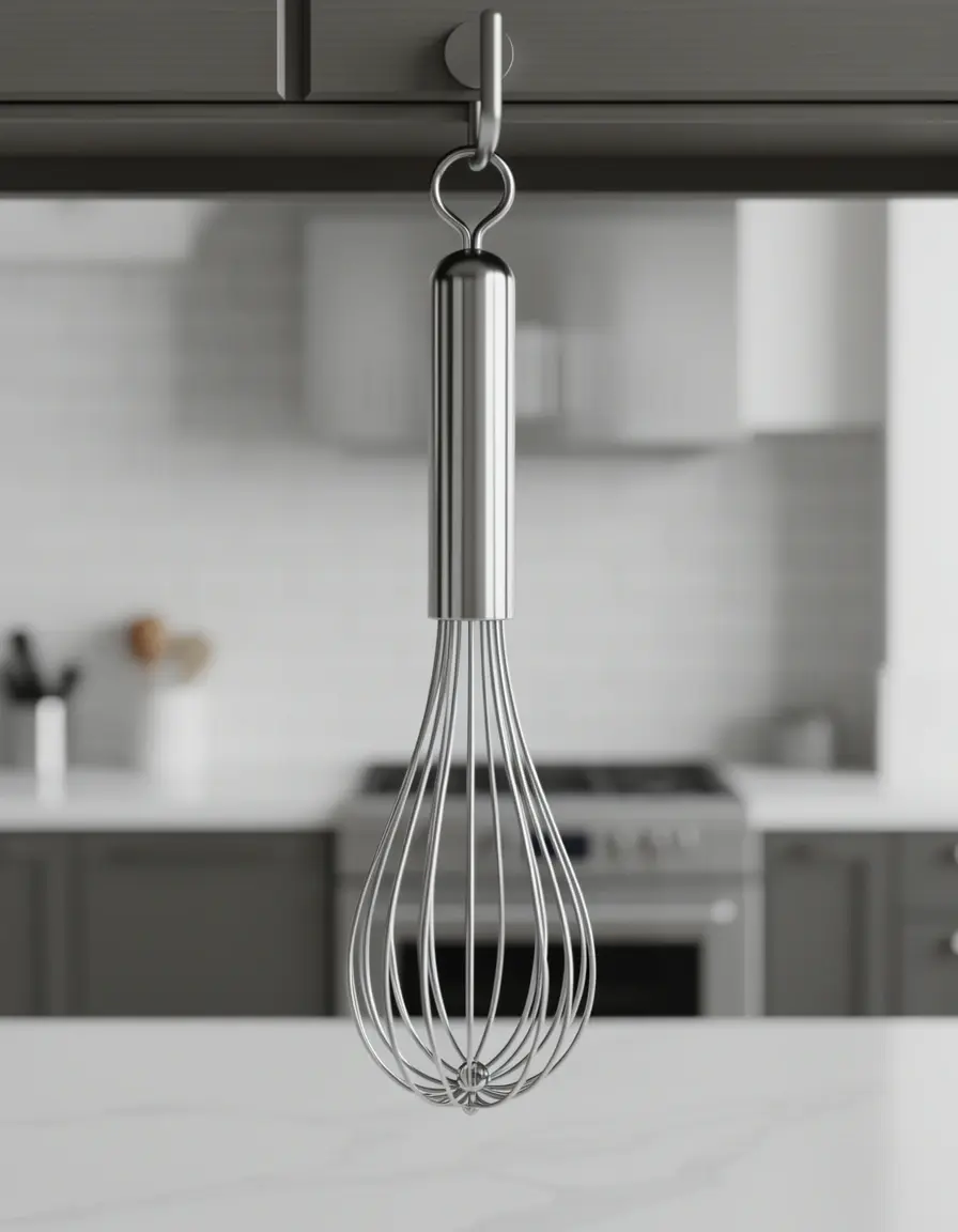 Batidor de varillas de acero inoxidable colgado en cocina moderna