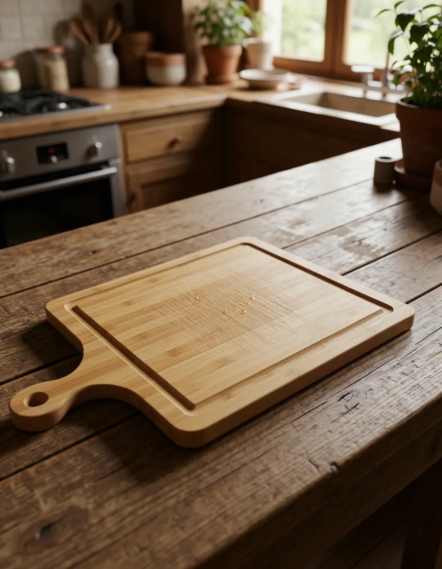 Tabla de cortar de bambú pequeña en una cocina rústica con puertas cocina de madera