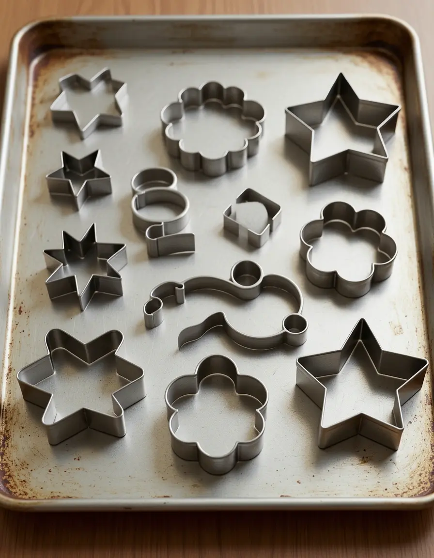 Set de 10 cortadores de galletas de metal sobre bandeja de hornear