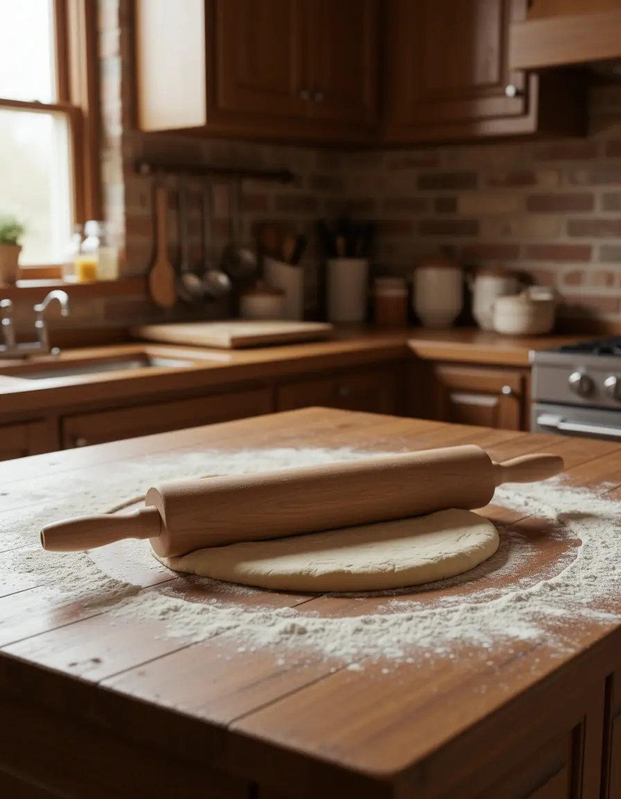 Rodillo de madera de 18 pulgadas extendiendo masa en cocina rústica