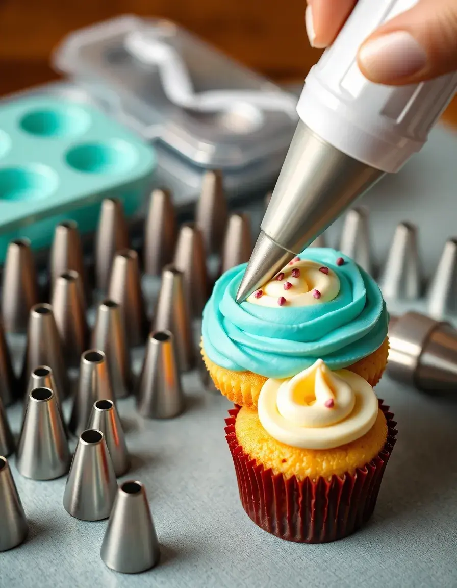 Kit de decoración de pasteles con 24 boquillas decorando un cupcake
