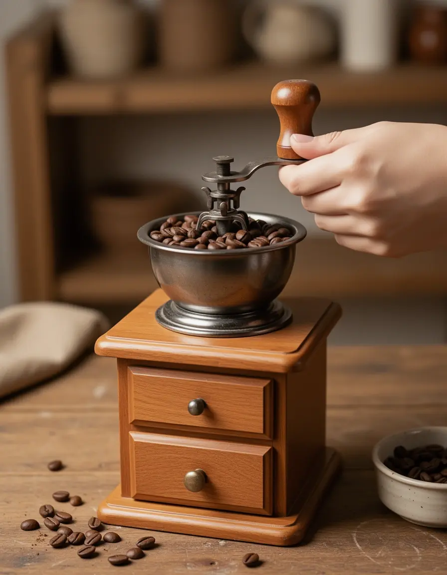 Molinillo de café manual cerámico moliendo granos