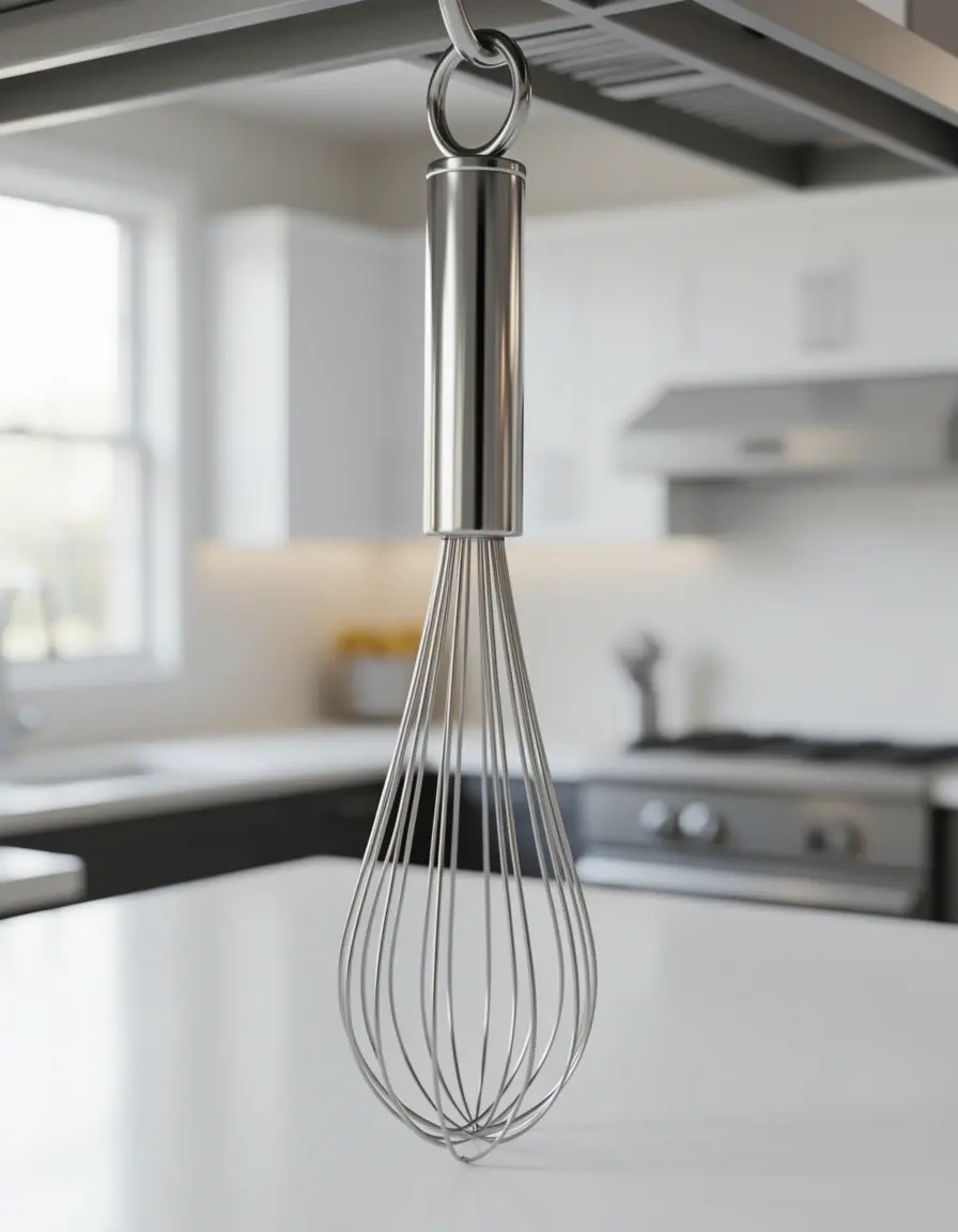 Batidor de varillas de acero inoxidable estilo globo colgado en cocina moderna