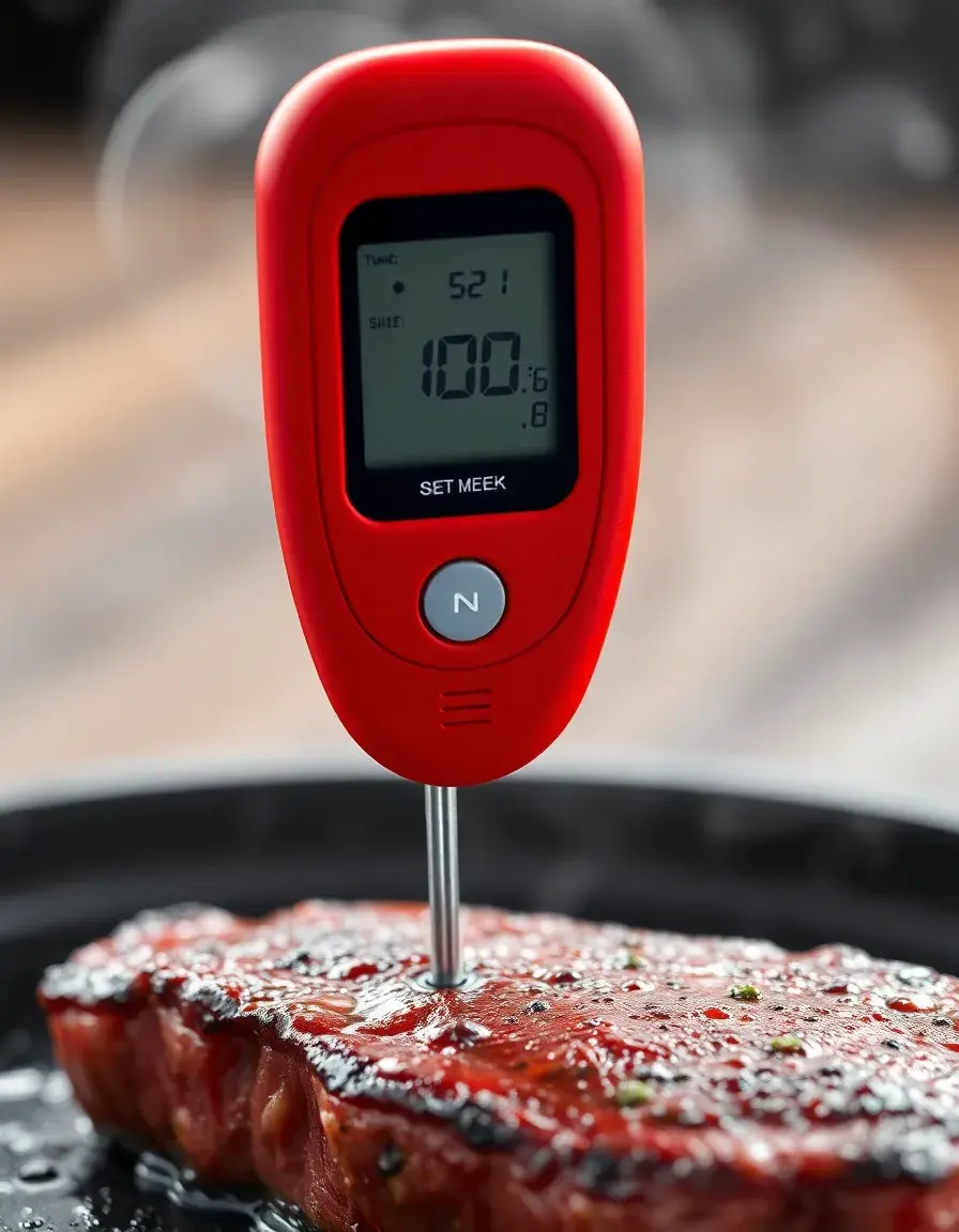 Termómetro digital para carne insertado en un filete con pantalla LCD