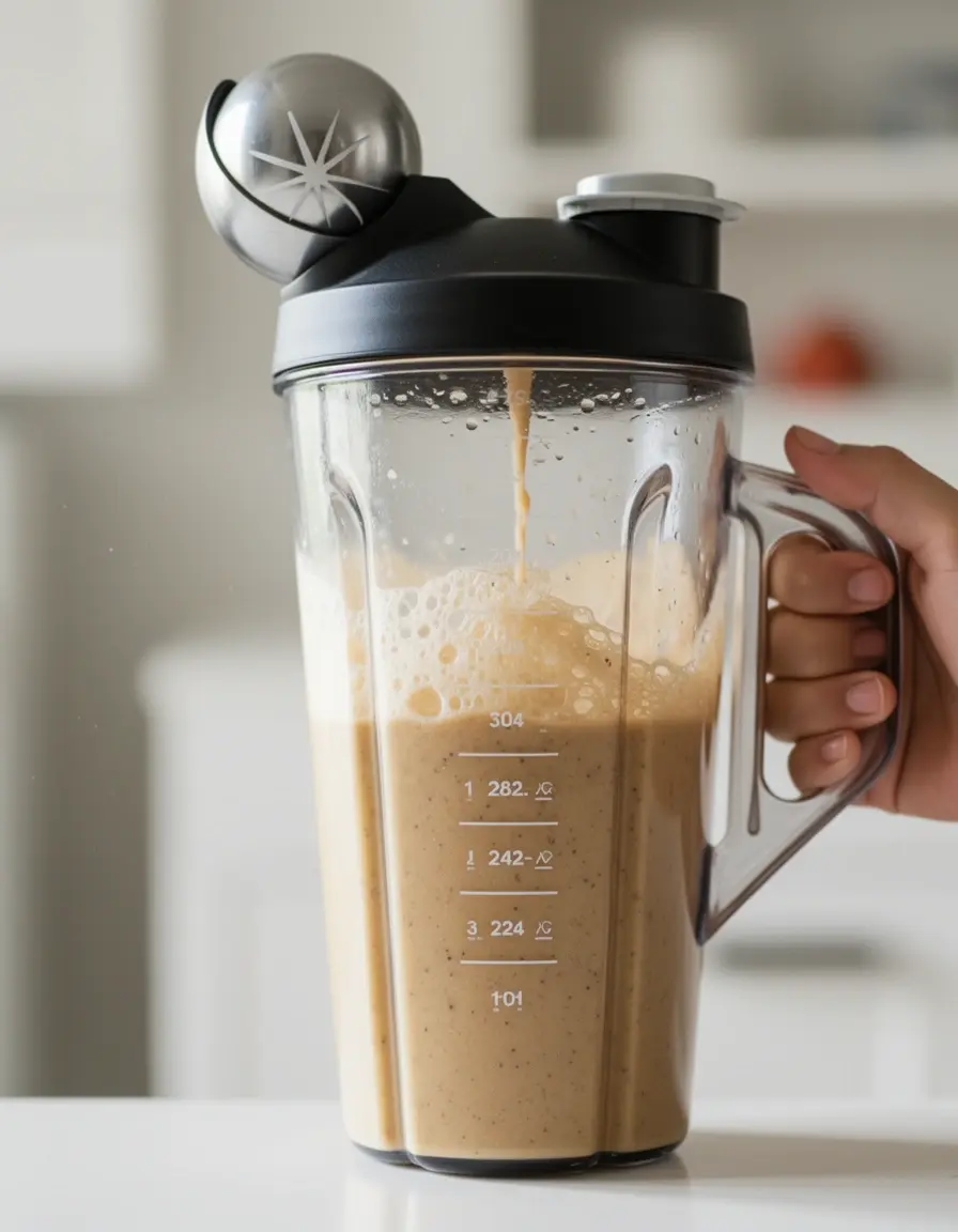 Botella mezcladora de 28 oz agitando un batido de proteínas
