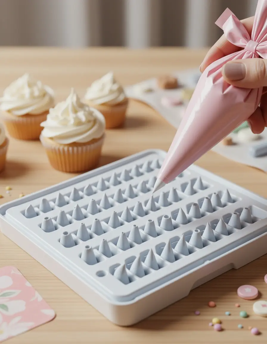 Kit de decoración de pasteles con 24 boquillas decorando un cupcake