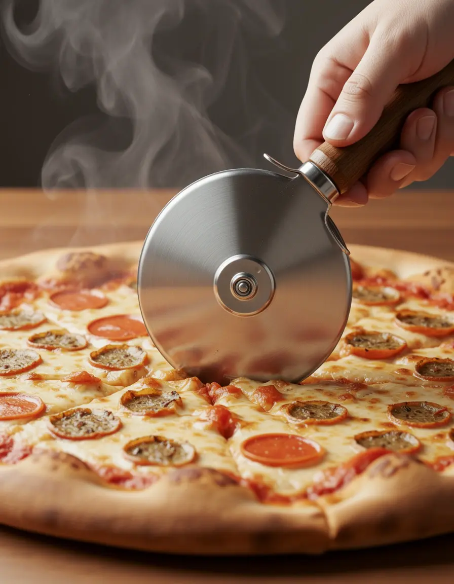 Cortador de pizza de acero inoxidable con mango de madera cortando una pizza